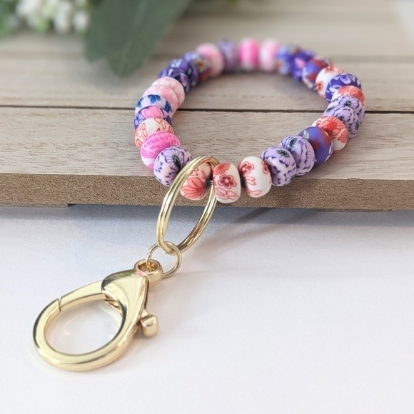 FLORAL Beaded Keychain Bracelet | Handcrafted by me and New - Picture 1 of 5